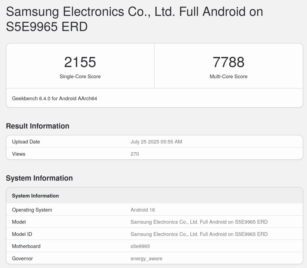 скріншот результатів тестування Exynos 2600 у Geekbench з балами в одно- і багатопотоковому режимі