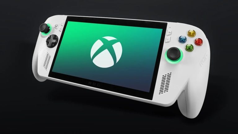 Концепт-арт скасованої портативної консолі Xbox з логотипом AMD на фоні.