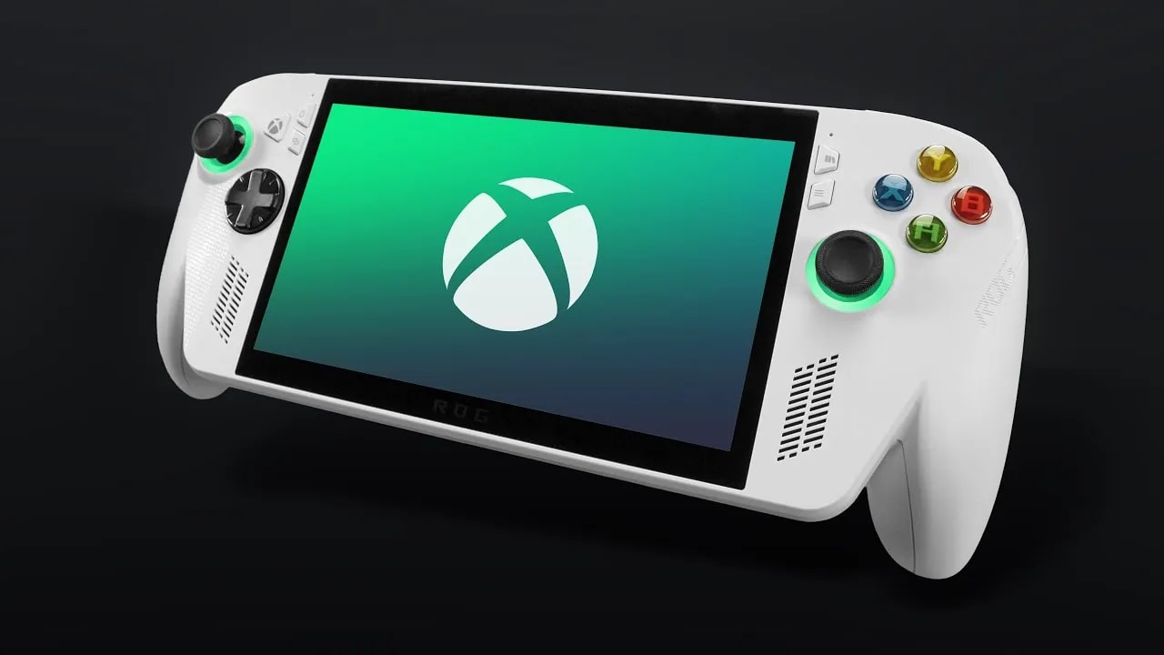 Концепт-арт скасованої портативної консолі Xbox з логотипом AMD на фоні.